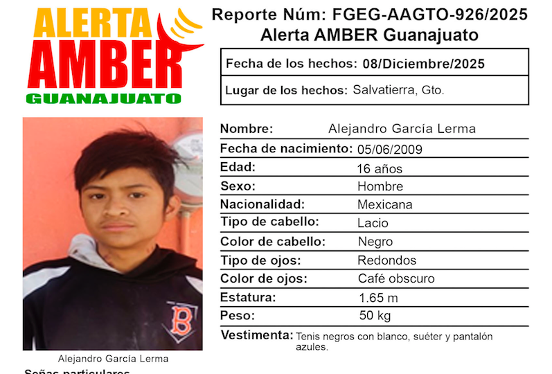 Se busca al adolescente Alejandro García Lerma desaparecido en Salvatierra, Guanajuato.